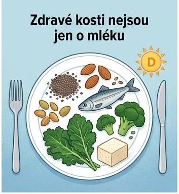 Ilustrace potravin a návyků důležitých pro zdravé kosti