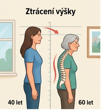 Ilustrace postupného ztrácení výšky u ženy po menopauze